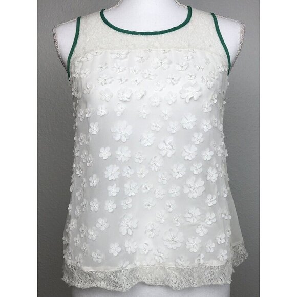 RYU Womens SMALL Sheer White TANK TOP Green Trim Flower Appliques Lace BOUTIQUE - Picture 1 of 7